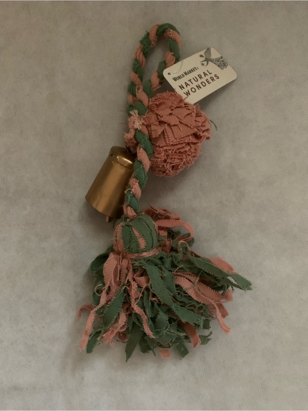NWT World Market Natural Wonders Pink & Green Fabric Boho Tassel Ornament Bell